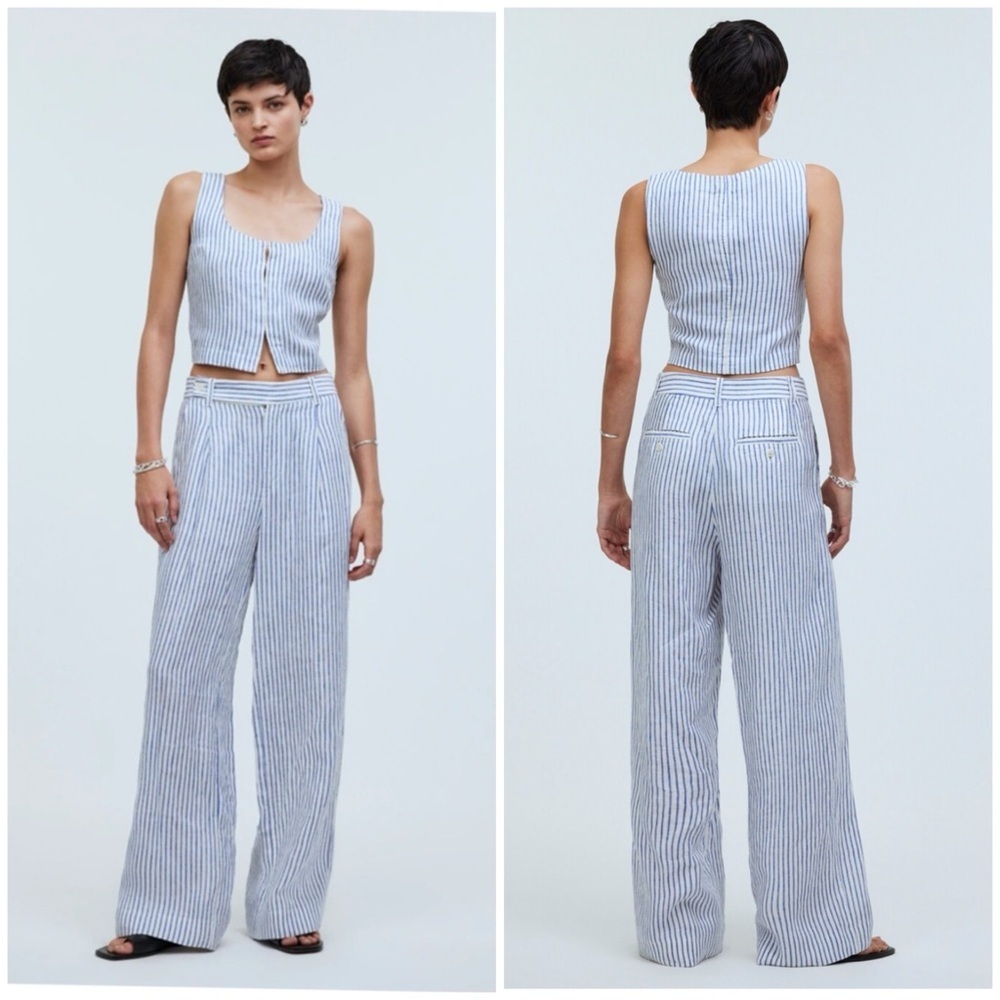 Madewell Set striped Harlow Wide-Leg Pant & Scoopneck Crop Tank 100% Linen 10